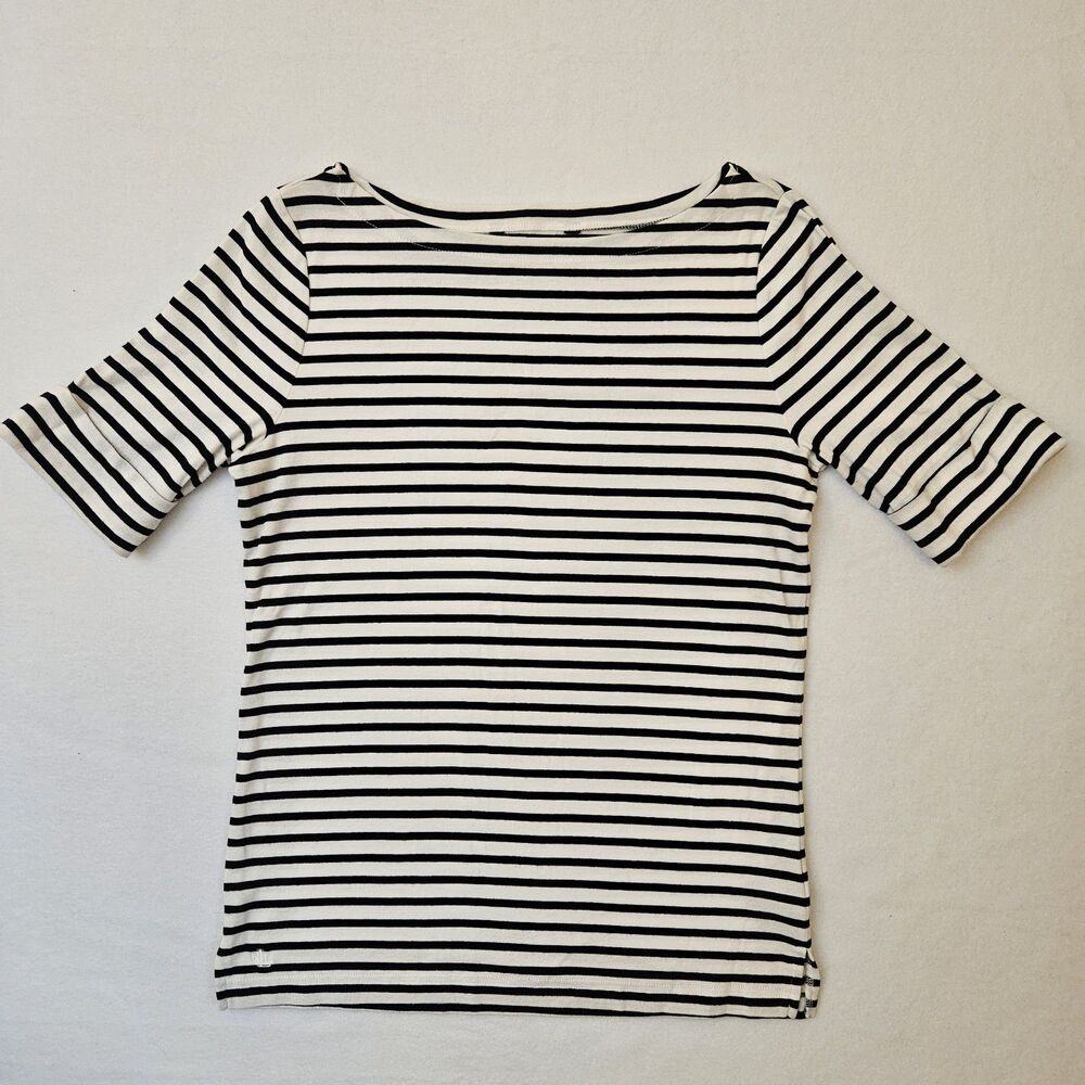 Lauren Ralph Lauren Sz M Black White Stripe Boatneck Top Nautical Coastal French